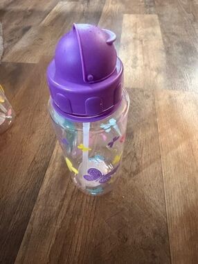 Old Eastman Mfg. Co. Butterfly Print Water Bottle with Purple Lid and Straw